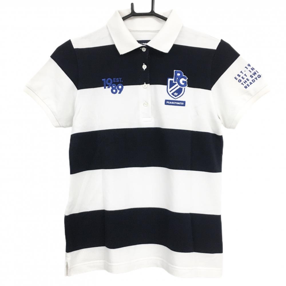 パーリーゲイツ 半袖ポロシャツ 白×ネイビー ボーダー レディース 1(M) ゴルフウェア PEARLY GATES