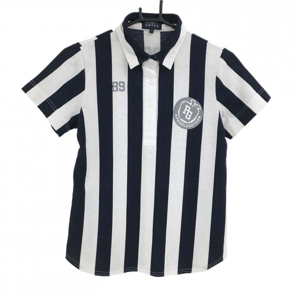 パーリーゲイツ 半袖ポロシャツ ネイビー×白 ストライプ  レディース 1(M) ゴルフウェア PEARLY GATES