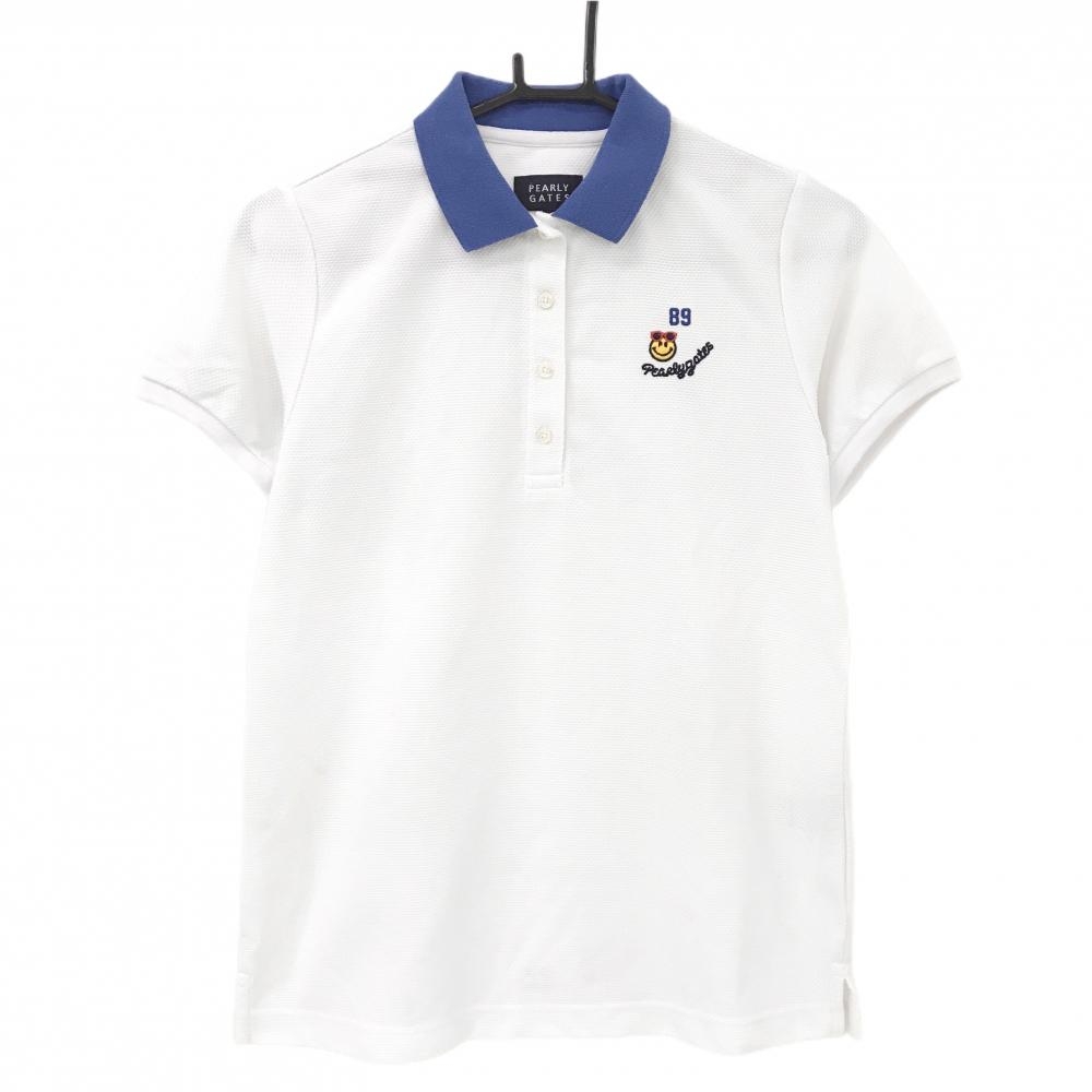 パーリーゲイツ 半袖ポロシャツ 白×ブルー ニコちゃん スマイル  レディース 1(M) ゴルフウェア PEARLY GATES
