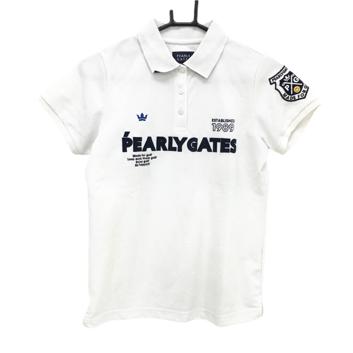 パーリーゲイツ 半袖ポロシャツ 白×ネイビー フロントロゴ  レディース 0(S) ゴルフウェア PEARLY GATES
