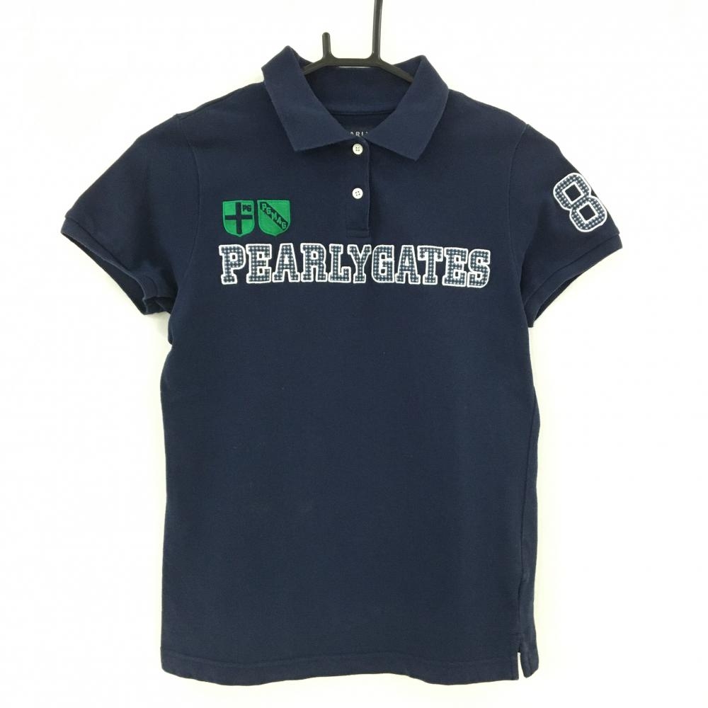 パーリーゲイツ 半袖ポロシャツ ネイビー×白 フロントロゴ千鳥格子 レディース 1(M) ゴルフウェア PEARLY GATES