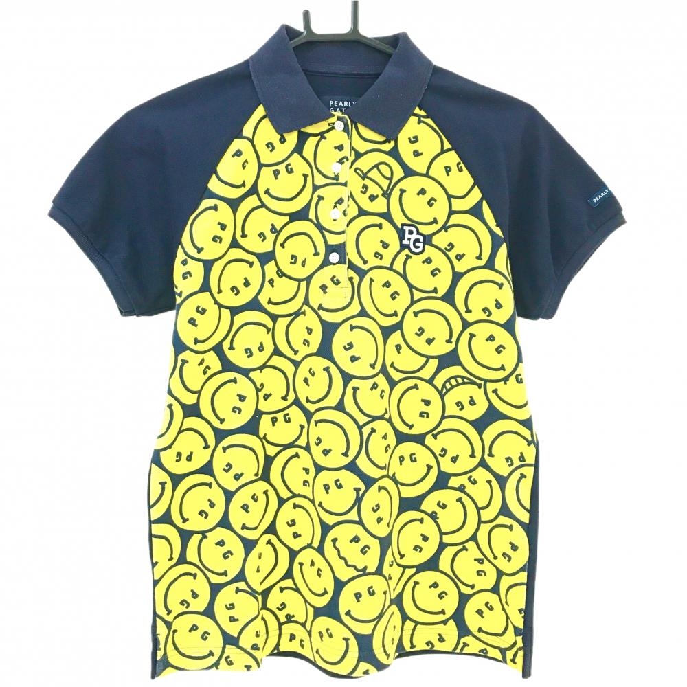 パーリーゲイツ 半袖ポロシャツ ネイビー×イエロー 前身頃ニコちゃん総柄 スマイル  レディース 1(M) ゴルフウェア PEARLY GATES