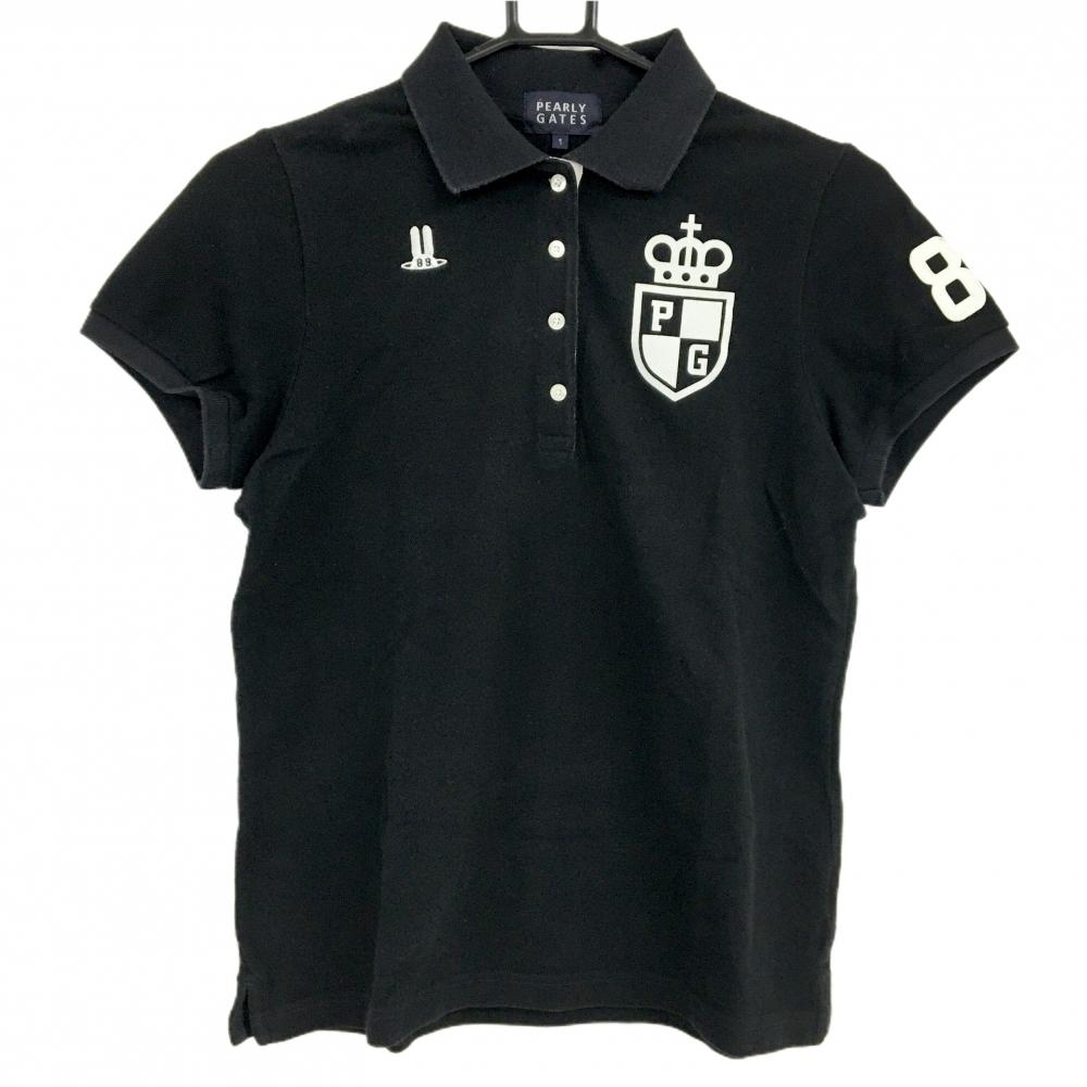 パーリーゲイツ 半袖ポロシャツ 黒×白 襟裏ボーダー ロゴ レディース 1(M) ゴルフウェア PEARLY GATES