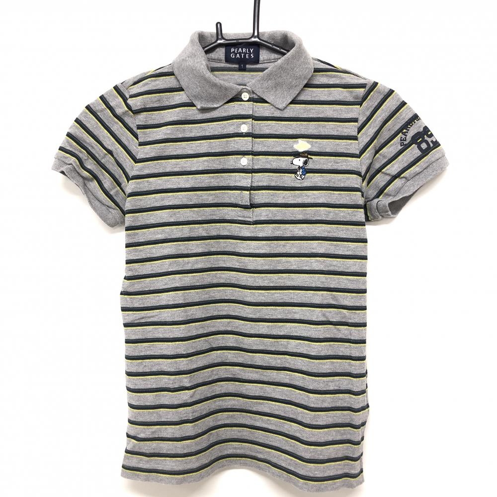 【超美品】パーリーゲイツ×PEANUTS 半袖ポロシャツ グレー×ネイビー ボーダー スヌーピー レディース 1(M) ゴルフウェア PEARLY GATES