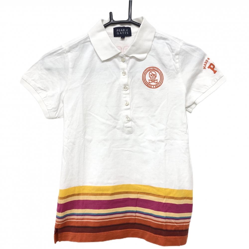 パーリーゲイツ 半袖ポロシャツ 白×オレンジ 裾ボーダー風 レディース 0(S) ゴルフウェア PEARLY GATES