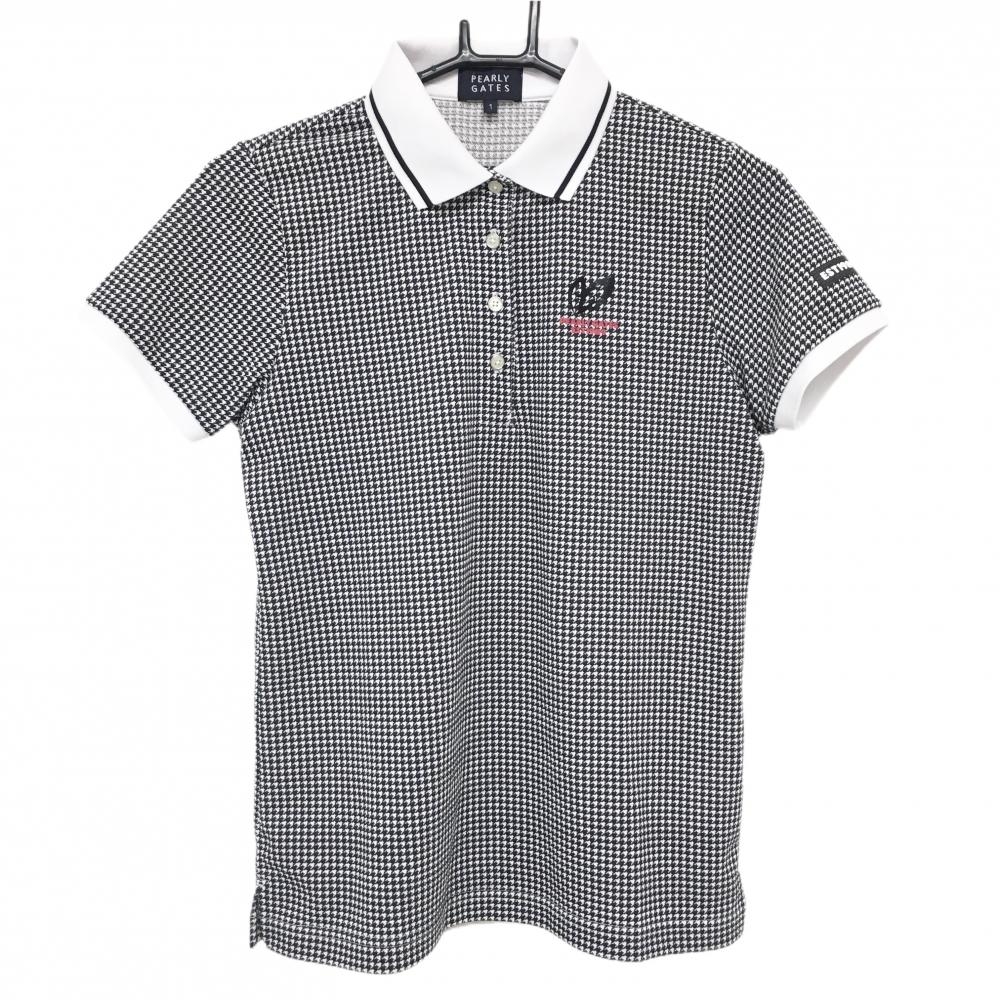 【美品】パーリーゲイツ 半袖ポロシャツ 白×黒 千鳥格子 バックロゴ レディース 1(M) ゴルフウェア 2024年モデル PEARLY GATES