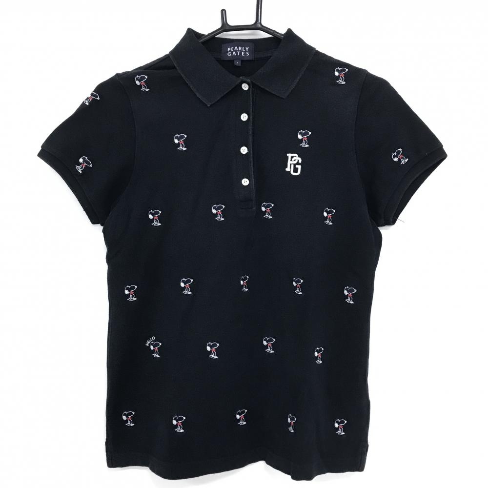 パーリーゲイツ×PEANUTS 半袖ポロシャツ ネイビー×白 スヌーピー総柄 レディース 1(M) ゴルフウェア PEARLY GATES