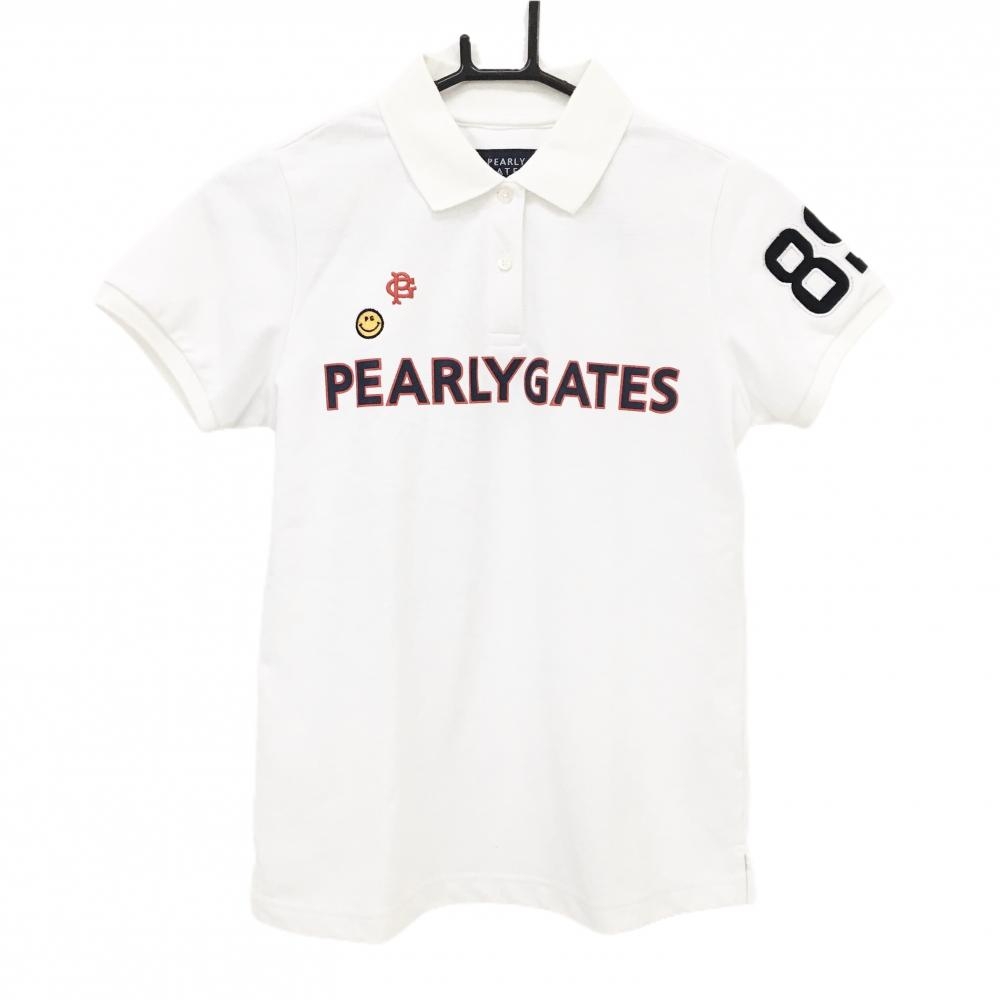 パーリーゲイツ 半袖ポロシャツ 白×ネイビー フロントロゴ ニコちゃん スマイル レディース 0(S) ゴルフウェア PEARLY GATES