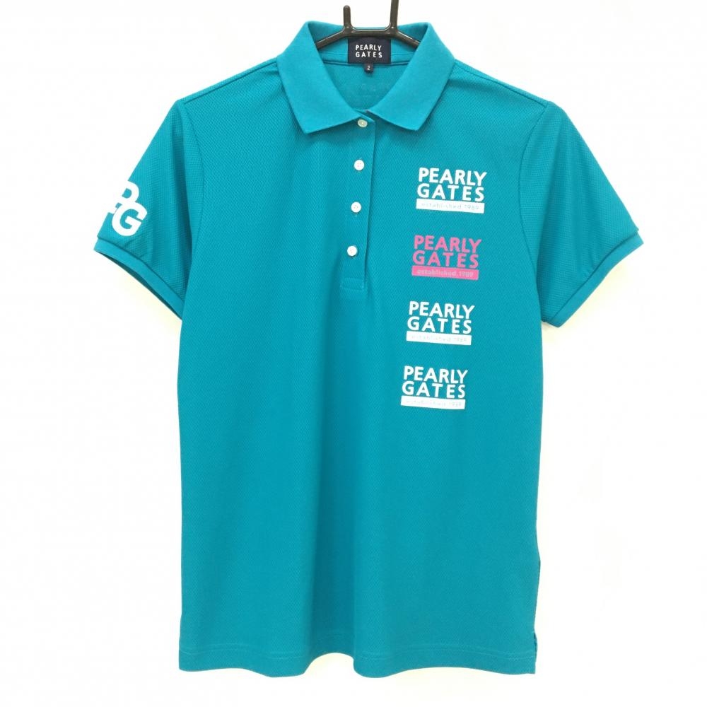 【超美品】パーリーゲイツ 半袖ポロシャツ ターコイズグリーン×ピンク ロゴ 襟裏配色 レディース 2(L) ゴルフウェア PEARLY GATES