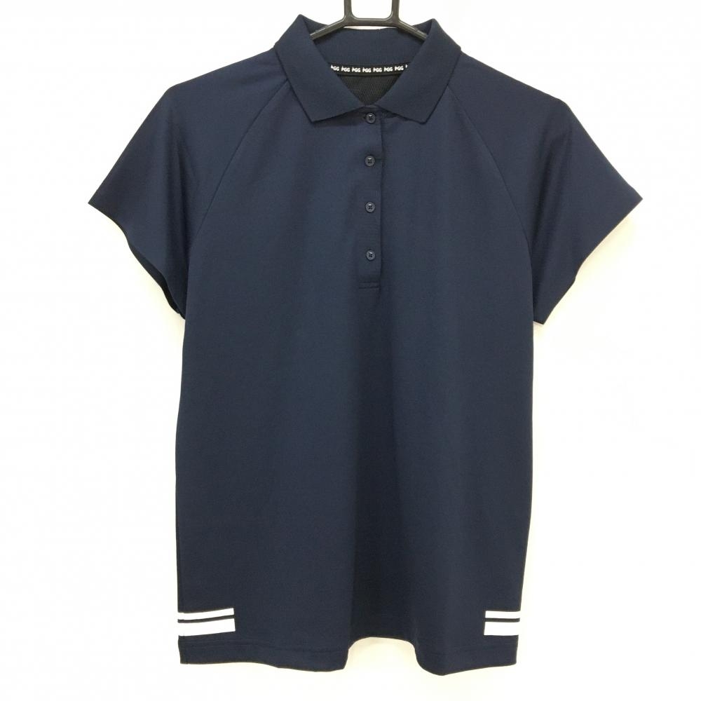 【新品】PGGパーリーゲイツ 半袖ポロシャツ ネイビー×白 バックロゴ 裾一部ライン レディース 1(M) ゴルフウェア PEARLY GATES
