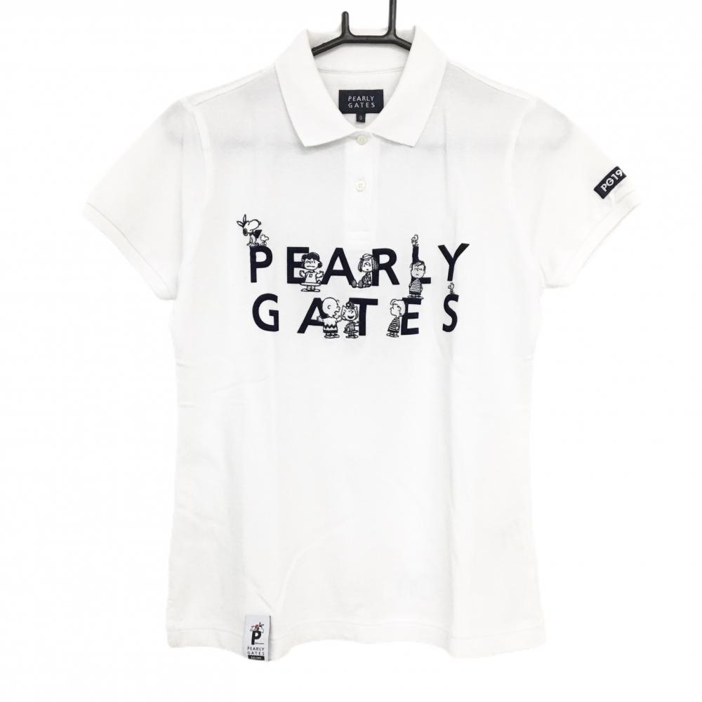 【美品】パーリーゲイツ×PEANUTS 半袖ポロシャツ 白×ネイビー スヌーピー刺しゅう  レディース 0(S) ゴルフウェア PEARLY GATES