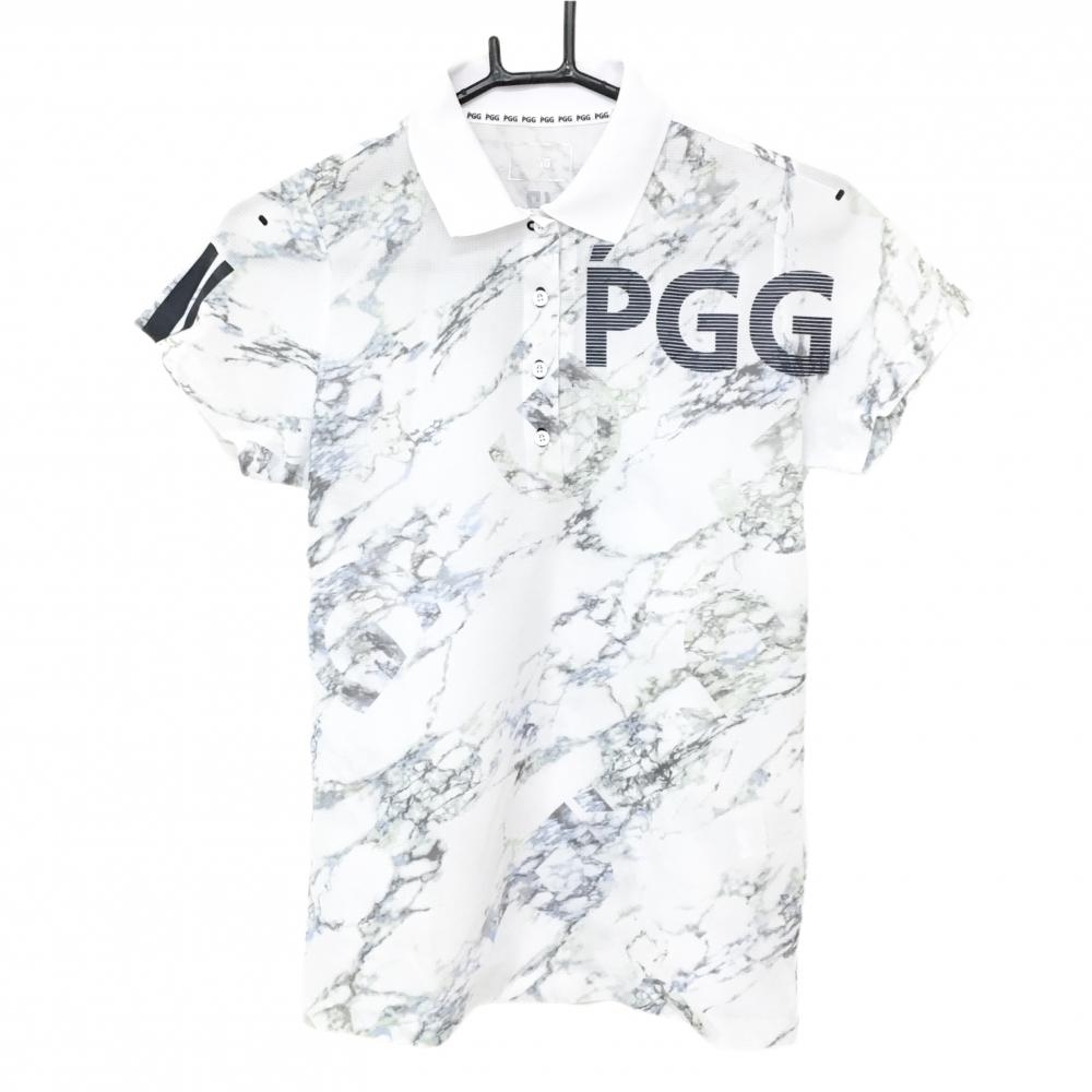PGGパーリーゲイツ 半袖ポロシャツ 白×ダークネイビー系×ダークグレー系 総柄 ロゴプリント  レディース 0(S) ゴルフウェア PEARLY GATES