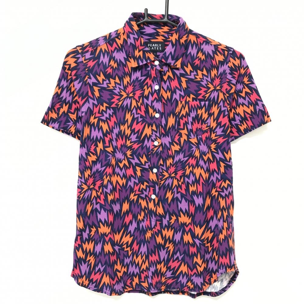 【美品】パーリーゲイツ 半袖ポロシャツ パープル×オレンジ 総柄 胸ポケット付 レディース 1(M) ゴルフウェア PEARLY GATES