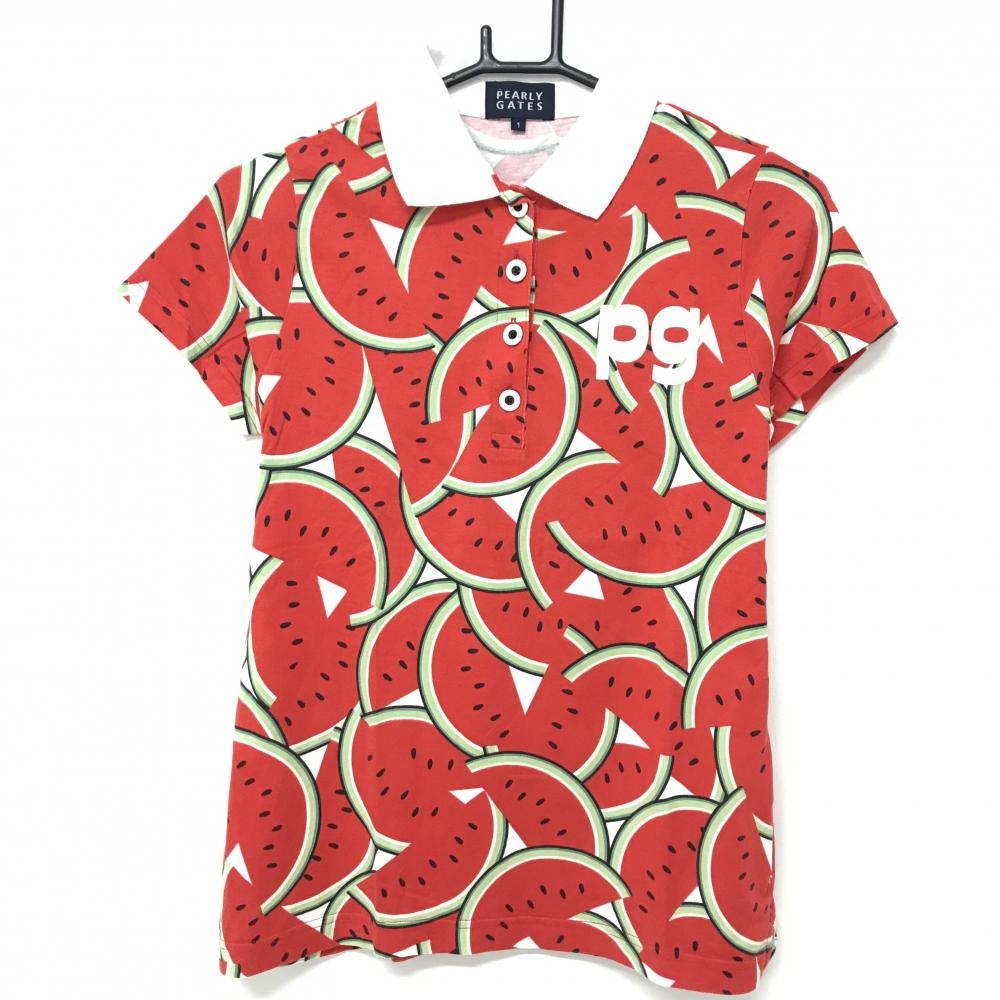 【美品】パーリーゲイツ 半袖ポロシャツ レッド×グリーン スイカ総柄 コットン100％  レディース 1(M) ゴルフウェア PEARLY GATES