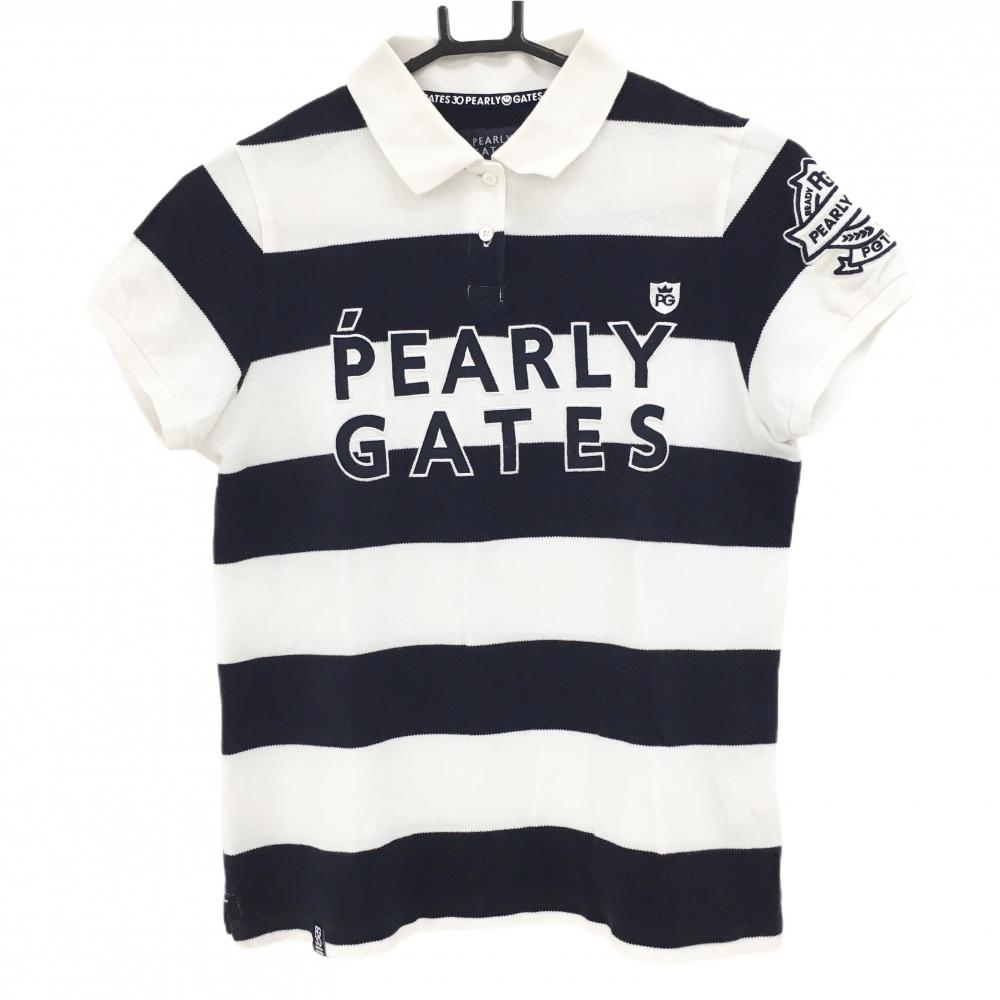 パーリーゲイツ 半袖ポロシャツ 白×ネイビー ボーダー ビッグロゴ レディース 1(M) ゴルフウェア PEARLY GATES