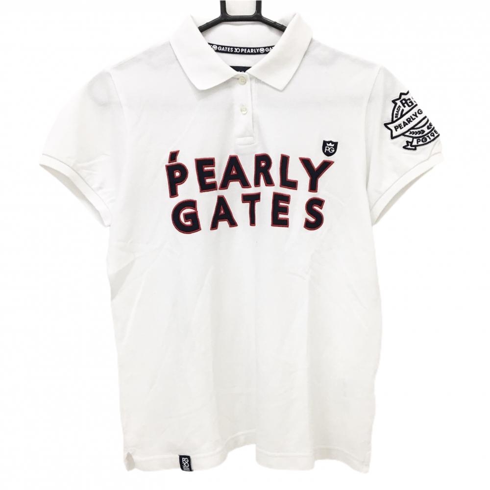 【美品】パーリーゲイツ 半袖ポロシャツ 白×ネイビー フロントロゴ 30周年 レディース 1(M) ゴルフウェア PEARLY GATES