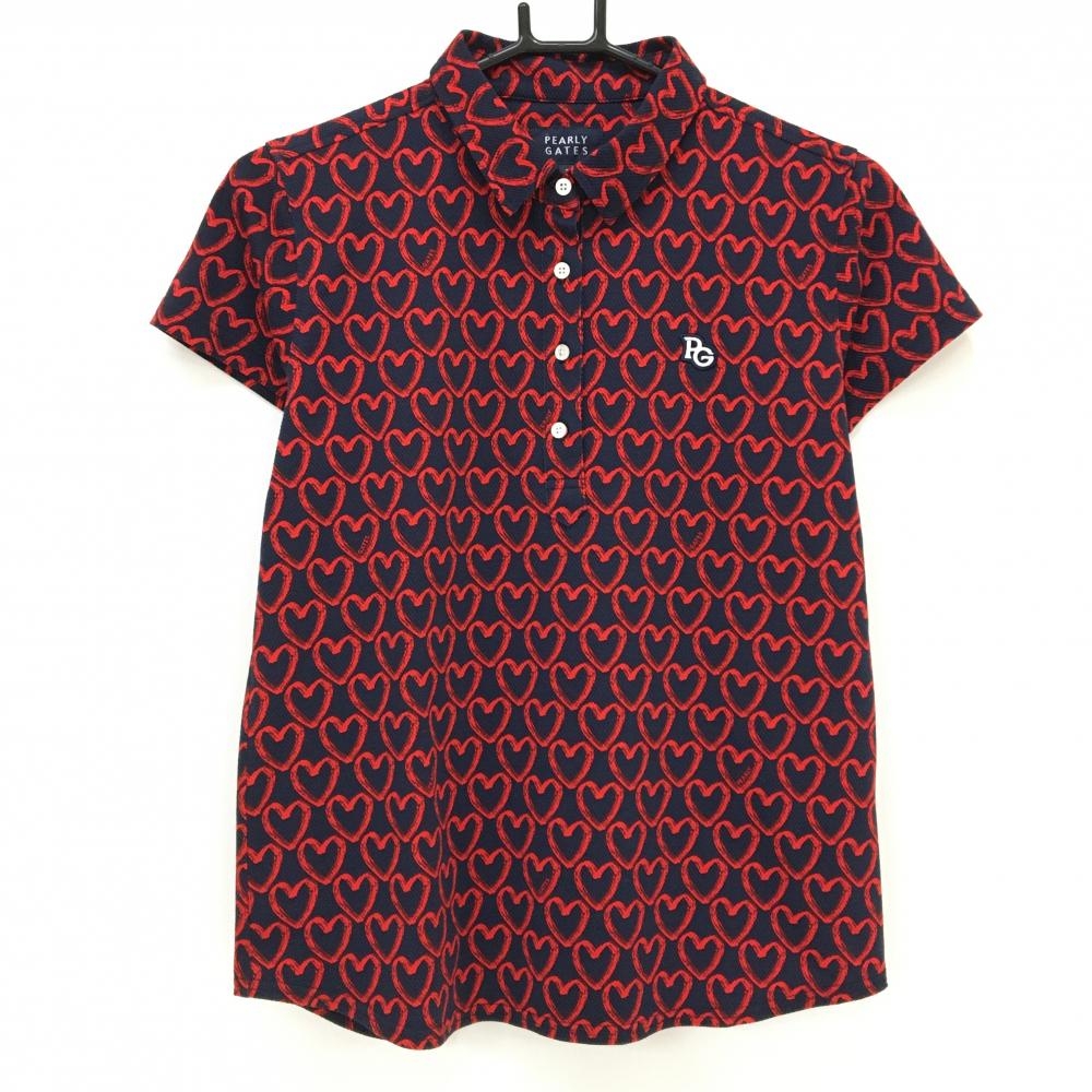 【超美品】パーリーゲイツ 半袖ポロシャツ ネイビー×レッド ハート総柄 ロゴ刺しゅう  レディース 1(M) ゴルフウェア PEARLY GATES