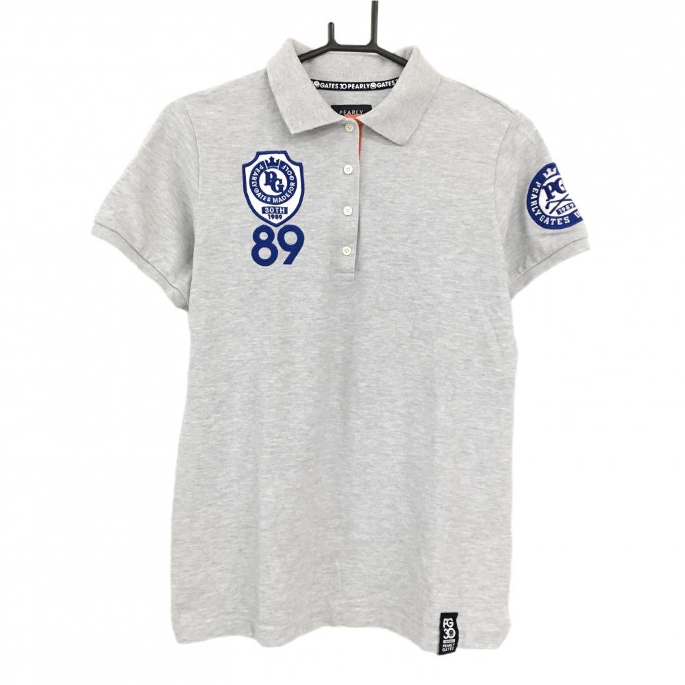 パーリーゲイツ 半袖ポロシャツ グレー×ブルー 30周年 ワッペン レディース 2(L) ゴルフウェア PEARLY GATES