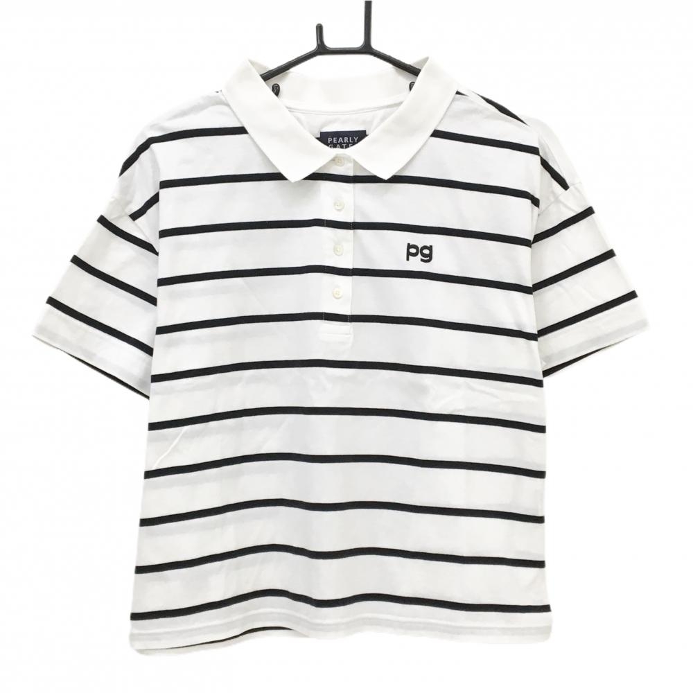 【美品】パーリーゲイツ 半袖ポロシャツ 白×黒 ボーダー 背面裾刺しゅう レディース 1(M) ゴルフウェア PEARLY GATES