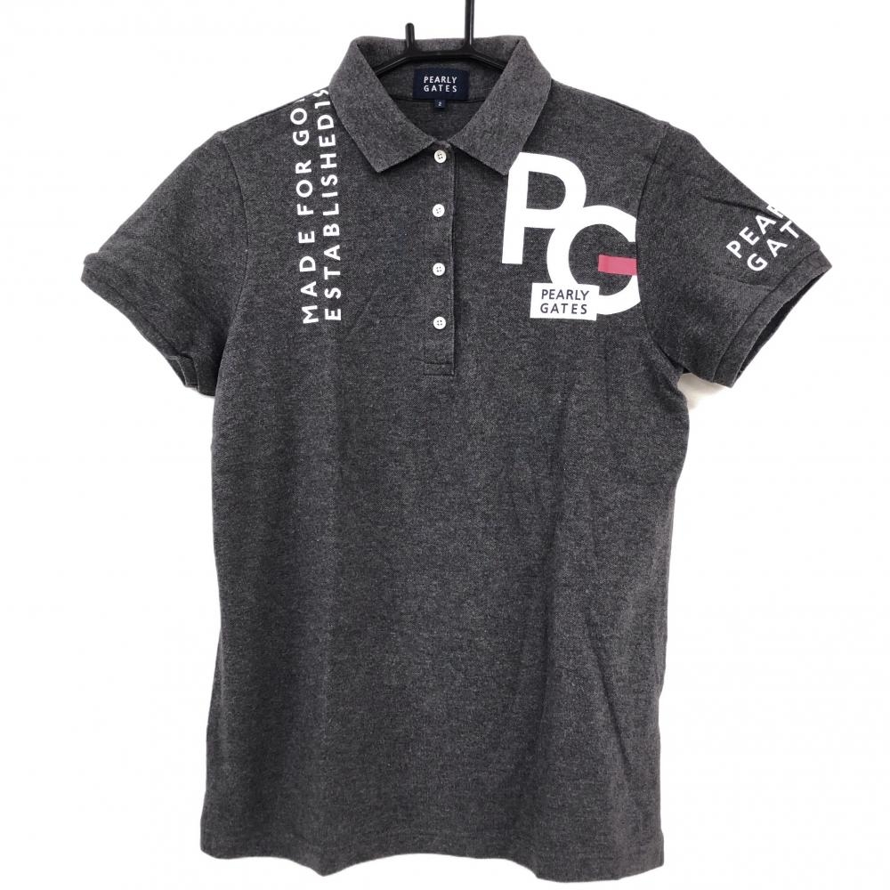 パーリーゲイツ 半袖ポロシャツ グレー×白 ロゴプリント レディース 2(M) ゴルフウェア PEARLY GATES
