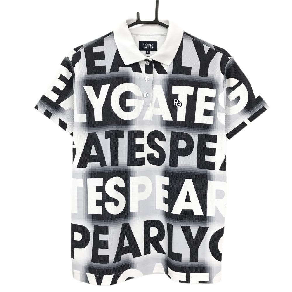 パーリーゲイツ 半袖ポロシャツ グレー×白 ロゴ総柄 レディース 2(L) ゴルフウェア PEARLY GATES