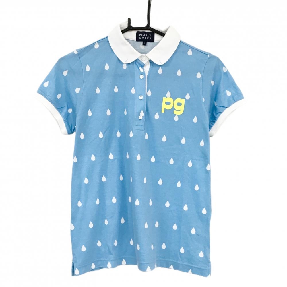 【美品】パーリーゲイツ 半袖ポロシャツ ライトブルー×白 しずく柄 ロゴプリント レディース 1(M) ゴルフウェア PEARLY GATES