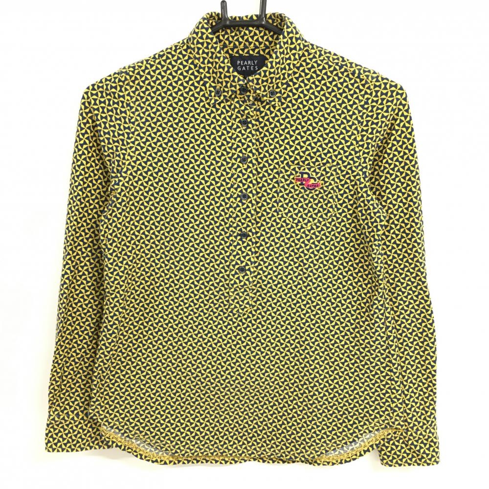 【超美品】パーリーゲイツ 長袖ポロシャツ イエロー×ネイビー リボン総柄 ボタンダウン レディース 0(S) ゴルフウェア PEARLY GATES