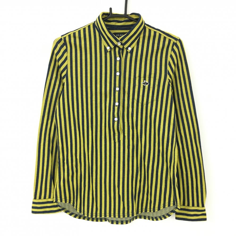 【美品】パーリーゲイツ 長袖ポロシャツ ネイビー×イエロー ストライプ ボタンダウン レディース 2(L) ゴルフウェア PEARLY GATES