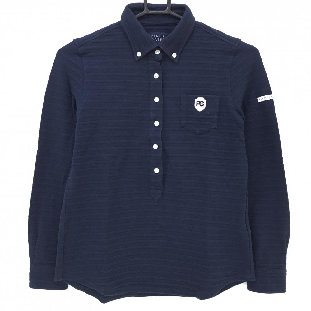 【美品】パーリーゲイツ 長袖ポロシャツ ネイビー ボーダー織生地 ボタンダウン コットン100％ レディース 0(S) ゴルフウェア PEARLY GATES