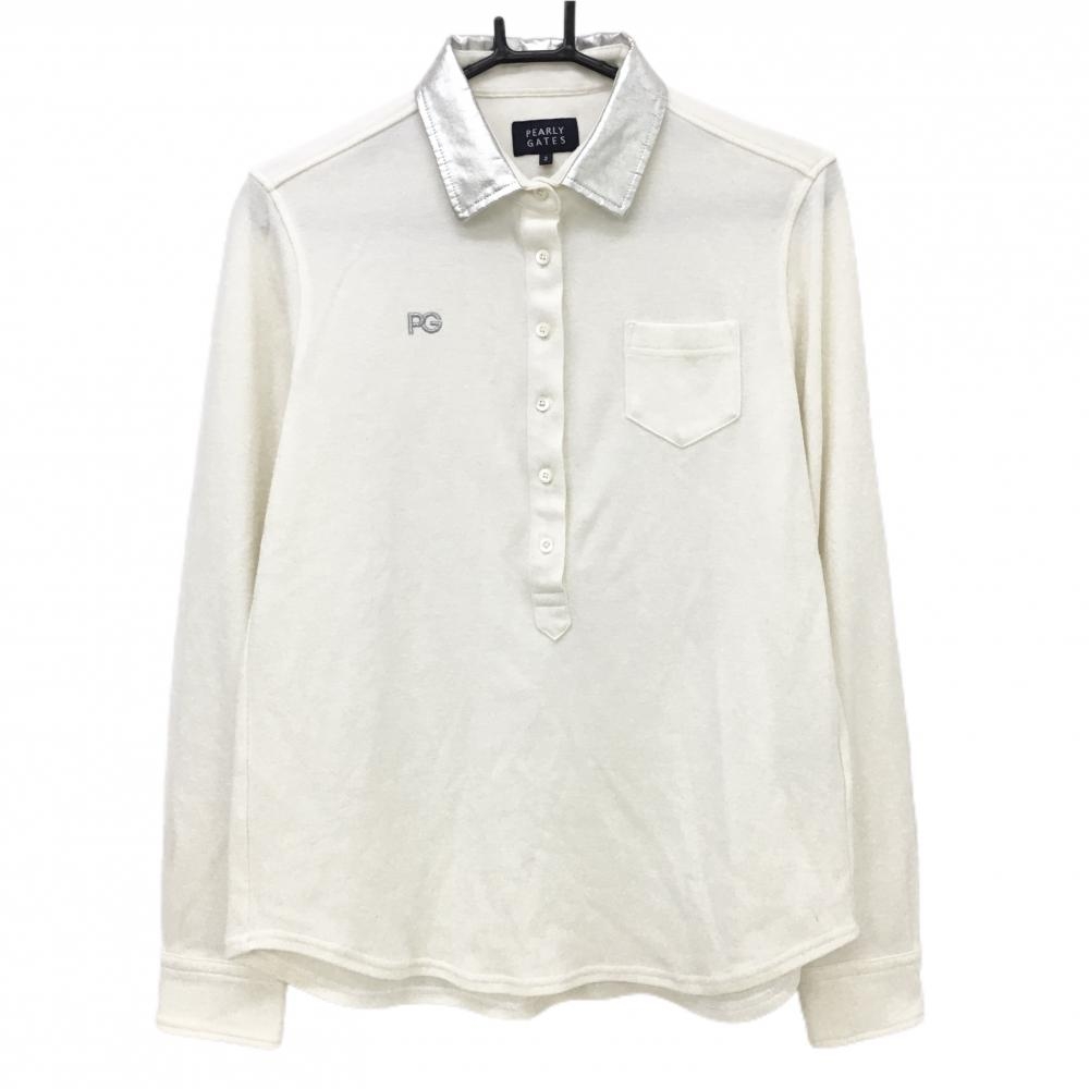 【美品】パーリーゲイツ 長袖ポロシャツ 白×シルバー 微起毛素材 レディース 2(L) ゴルフウェア PEARLY GATES