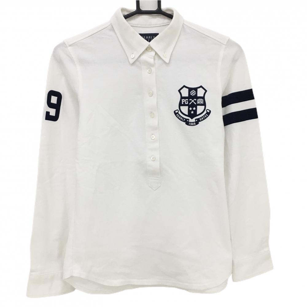 パーリーゲイツ 長袖ポロシャツ 白×ネイビー フロッキーロゴ レディース 1(M) ゴルフウェア PEARLY GATES