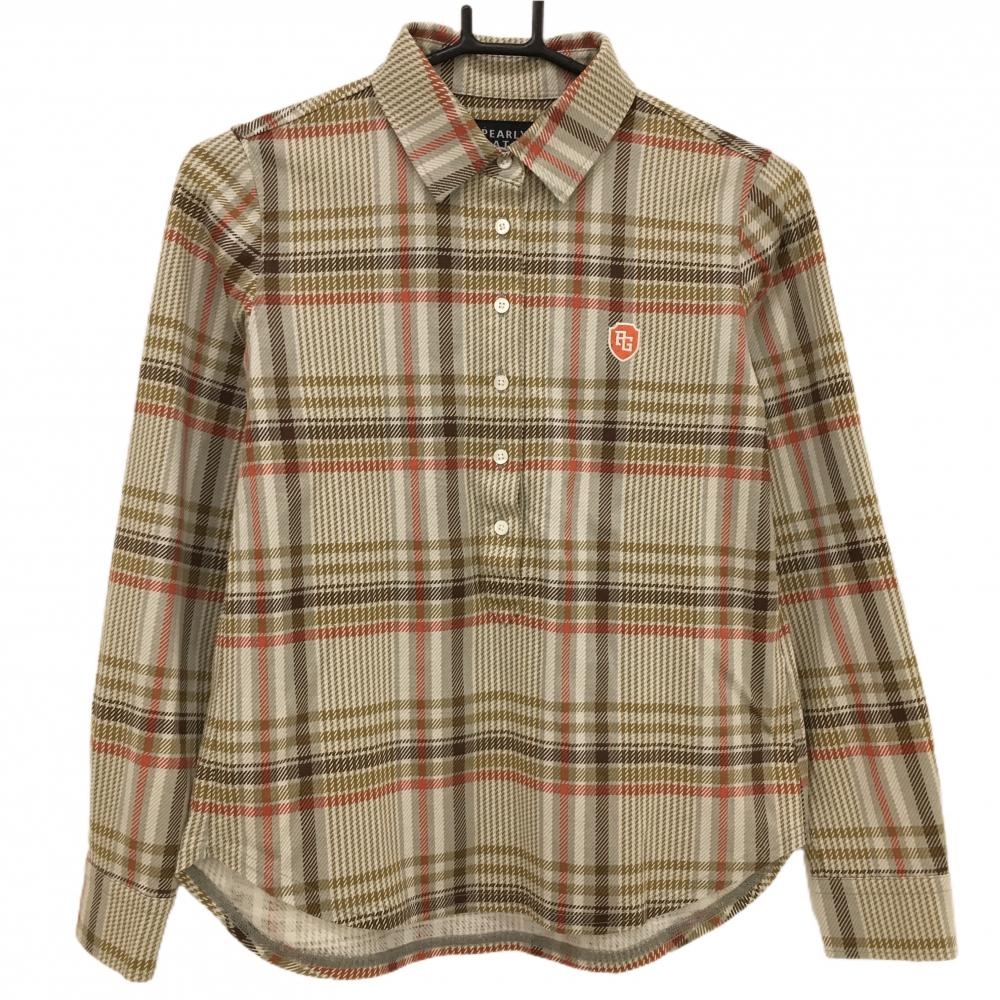 【超美品】パーリーゲイツ 長袖ポロシャツ ブラウン×オレンジレッド チェック  レディース 0(S) ゴルフウェア PEARLY GATES