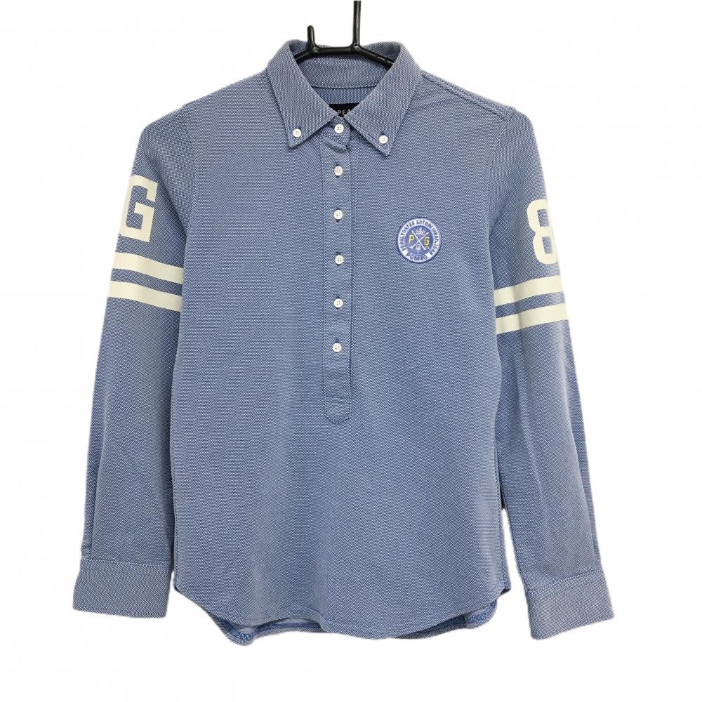 パーリーゲイツ 長袖ポロシャツ ブルー×白 織生地 袖2ライン ボタンダウン レディース 0(S) ゴルフウェア PEARLY GATES