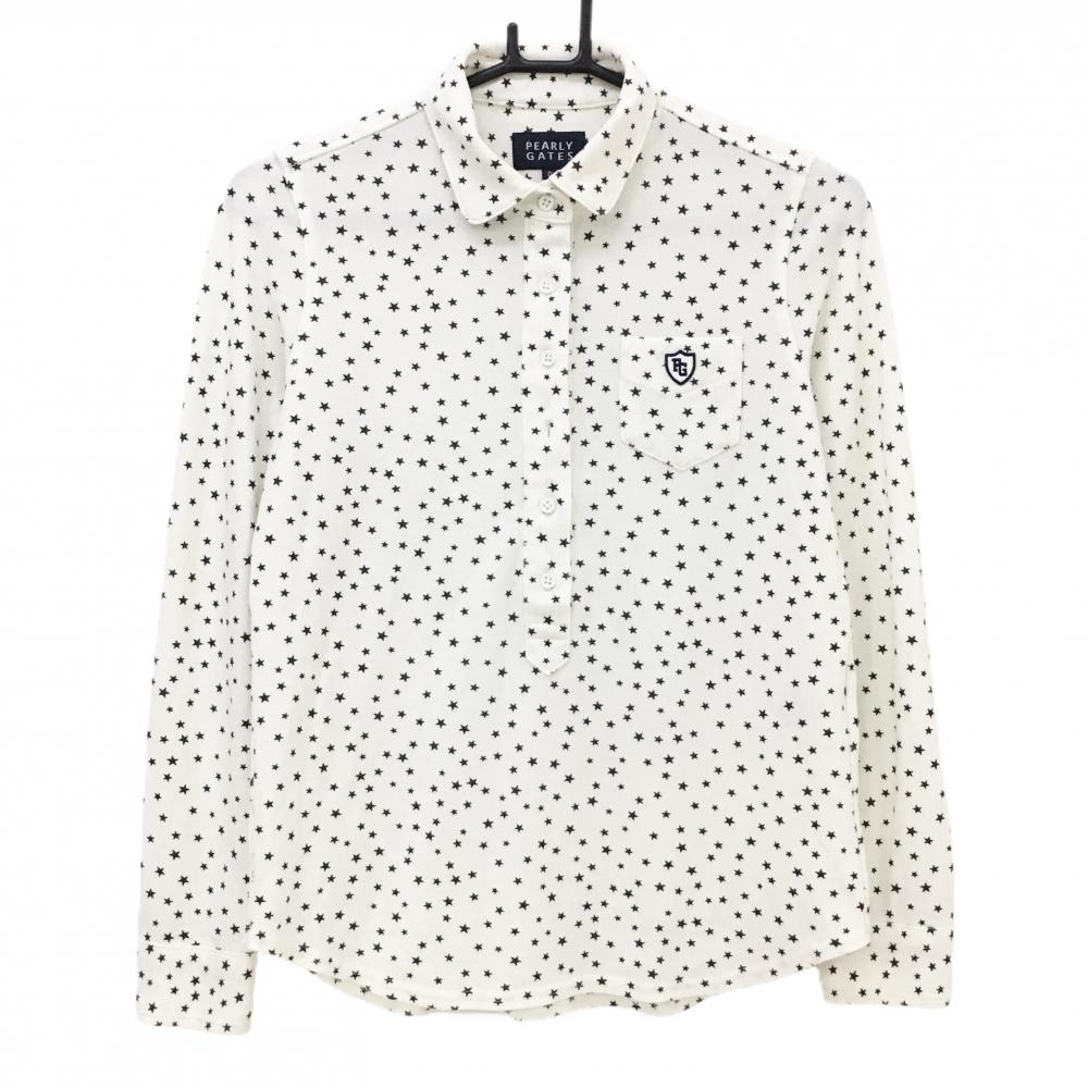 【美品】パーリーゲイツ 長袖ポロシャツ 白×黒 星柄 胸ポケット レディース 0(S) ゴルフウェア PEARLY GATES
