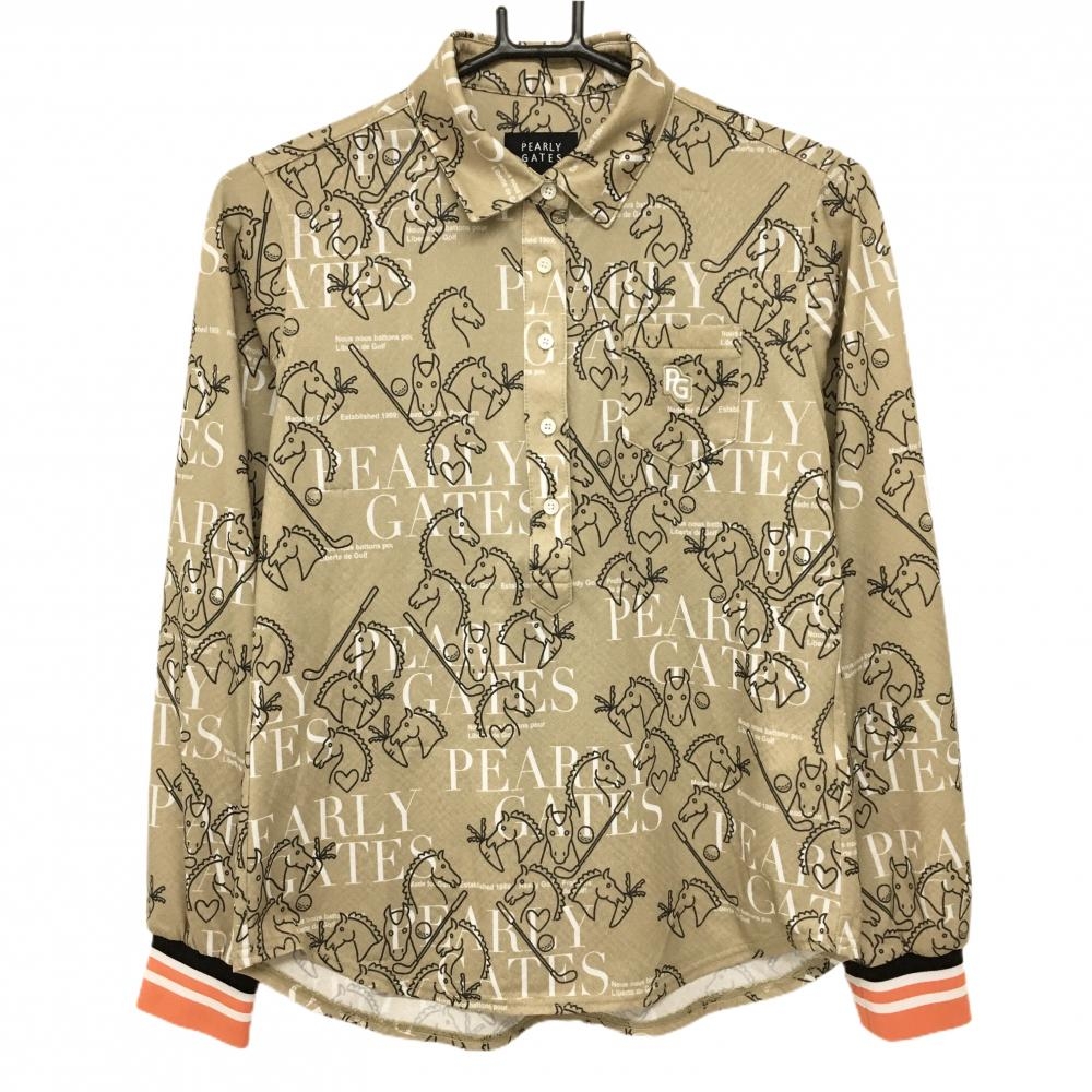【美品】パーリーゲイツ 長袖ポロシャツ ライトブラウン×黒 ユニコーン柄  レディース 0(S) ゴルフウェア 2024年モデル PEARLY GATES