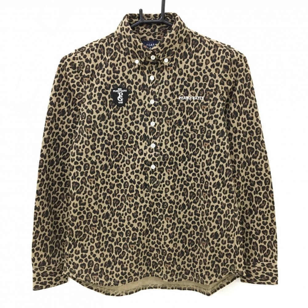 【新品】パーリーゲイツ 長袖ポロシャツ ライトブラウン×ブラウン レオパード ヒョウ柄  レディース 0(S) ゴルフウェア PEARLY GATES