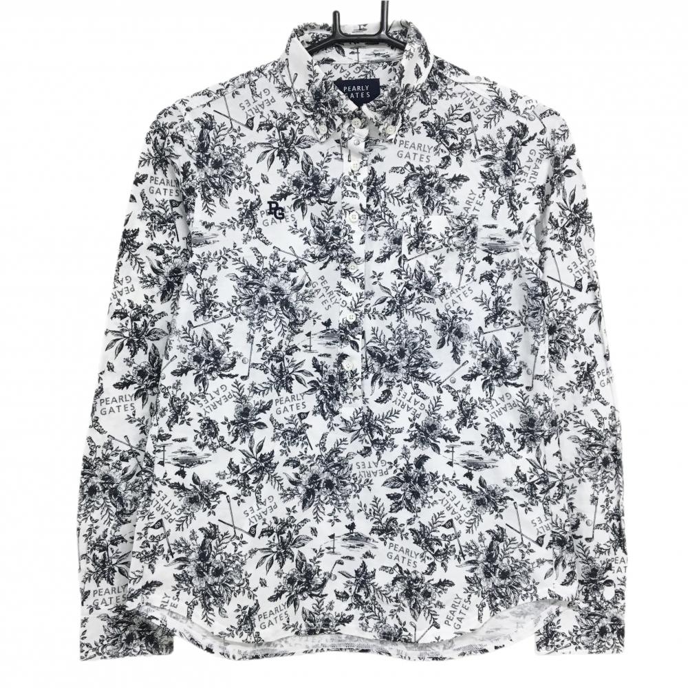 パーリーゲイツ 長袖ポロシャツ 白×黒 花柄 ボタンダウン  レディース 1(M) ゴルフウェア PEARLY GATES