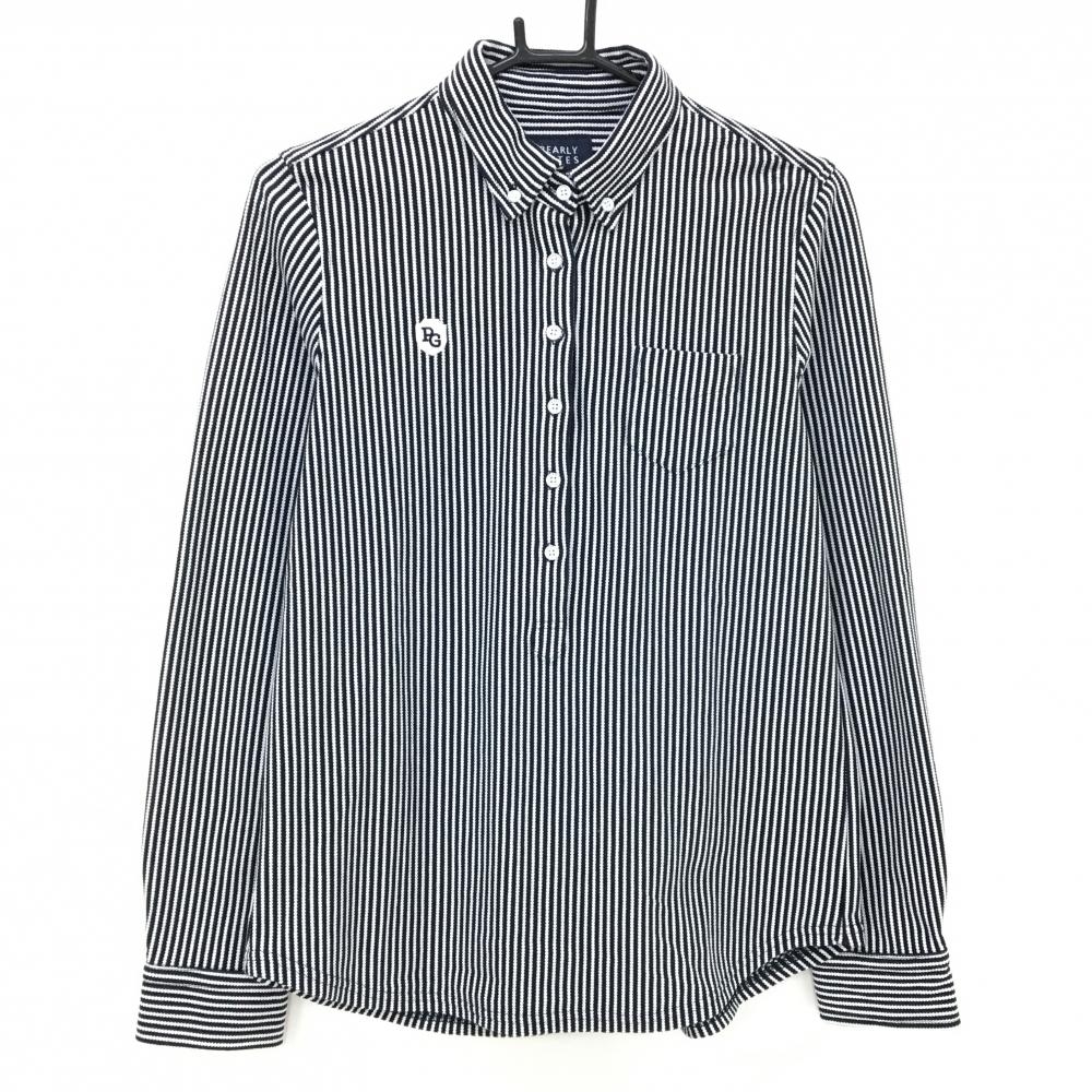 【超美品】パーリーゲイツ 長袖ポロシャツ ネイビー×白 ストライプ ボタンダウン  レディース 2(L) ゴルフウェア PEARLY GATES