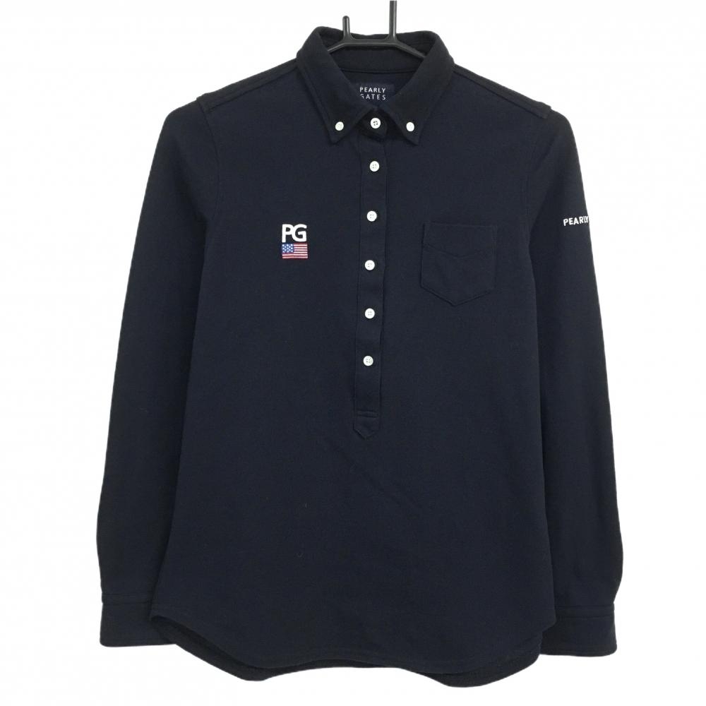 【美品】パーリーゲイツ 長袖ポロシャツ ダークネイビー ボタンダウン 胸ポケット レディース 1(M) ゴルフウェア PEARLY GATES