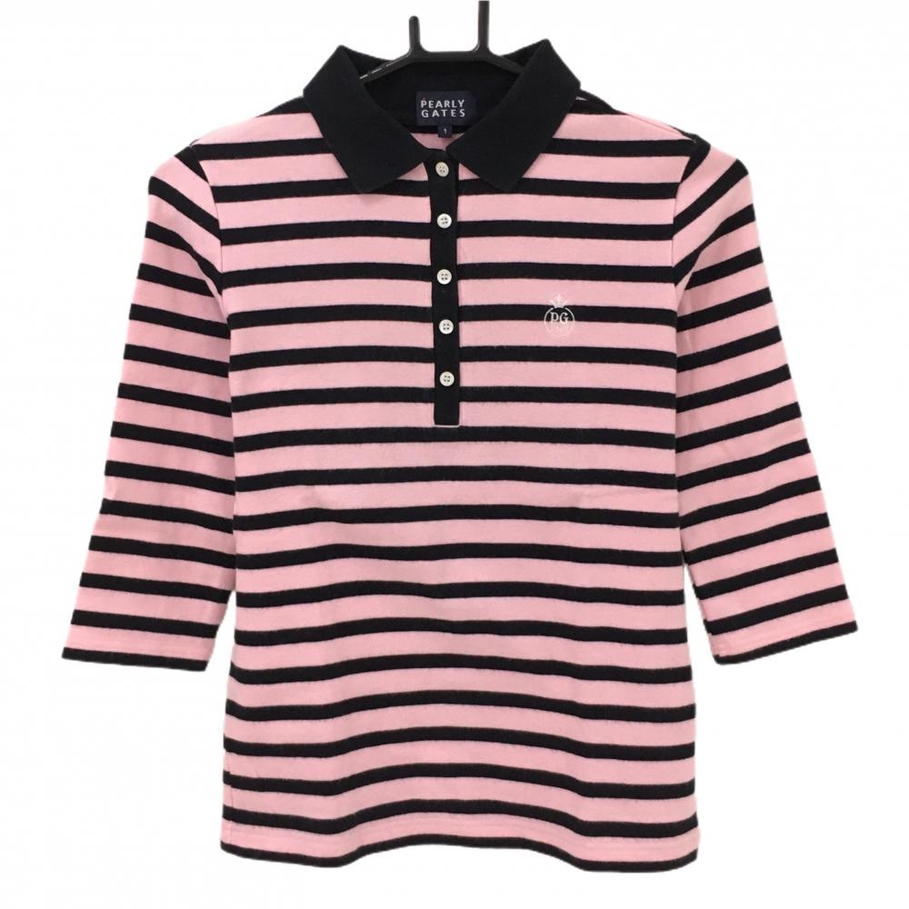 パーリーゲイツ 七分袖ポロシャツ ピンク×黒 ボーダー 微起毛 レディース 1(M) ゴルフウェア PEARLY GATES