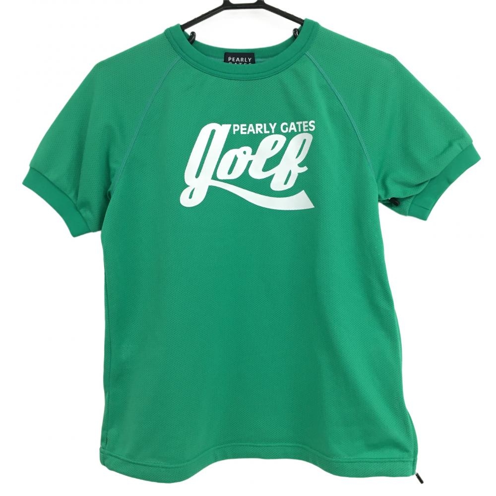 【美品】パーリーゲイツ Tシャツ グリーン×白 メッシュ ロゴプリント サイドジップ  レディース 1(M) ゴルフウェア PEARLY GATES
