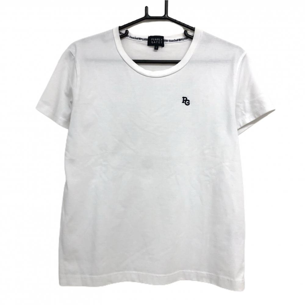 【美品】パーリーゲイツ 半袖Tシャツ 白×グリーン バックロゴ総柄 レディース 0(S) ゴルフウェア PEARLY GATES