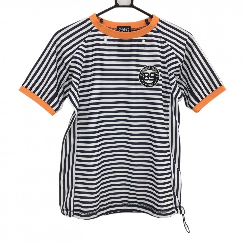 【美品】パーリーゲイツ Tシャツ 白×ネイビー ボーダー ワッペン レディース 0(S) ゴルフウェア PEARLY GATES