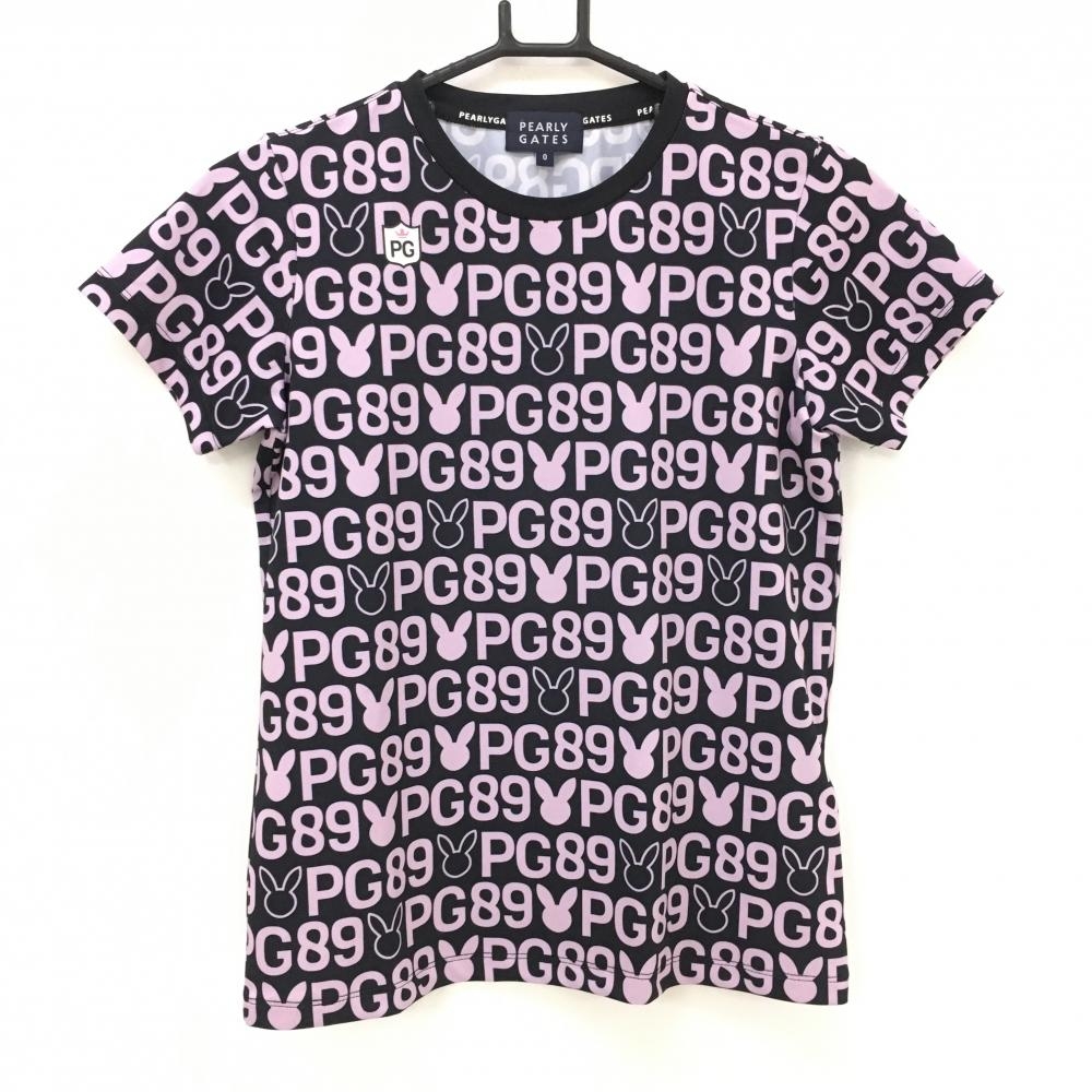 【超美品】パーリーゲイツ Tシャツ ダークネイビー×ライトパープル ロゴ総柄 韓国モデル レディース 0(S) ゴルフウェア PEARLY GATES