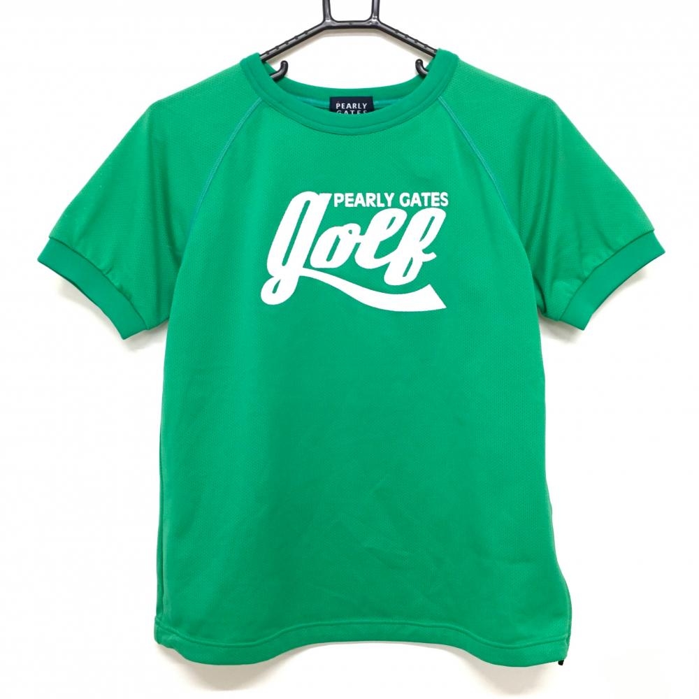 【美品】パーリーゲイツ Tシャツ グリーン×白 メッシュ フロントロゴ サイドジップ レディース 1(M) ゴルフウェア PEARLY GATES