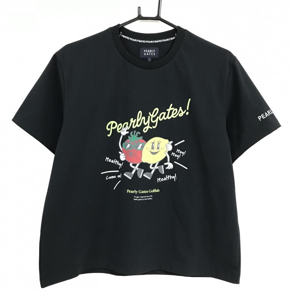 【超美品】パーリーゲイツ Tシャツ 黒 トマト レモンプリント レディース 1(M) ゴルフウェア 2025年モデル PEARLY GATES