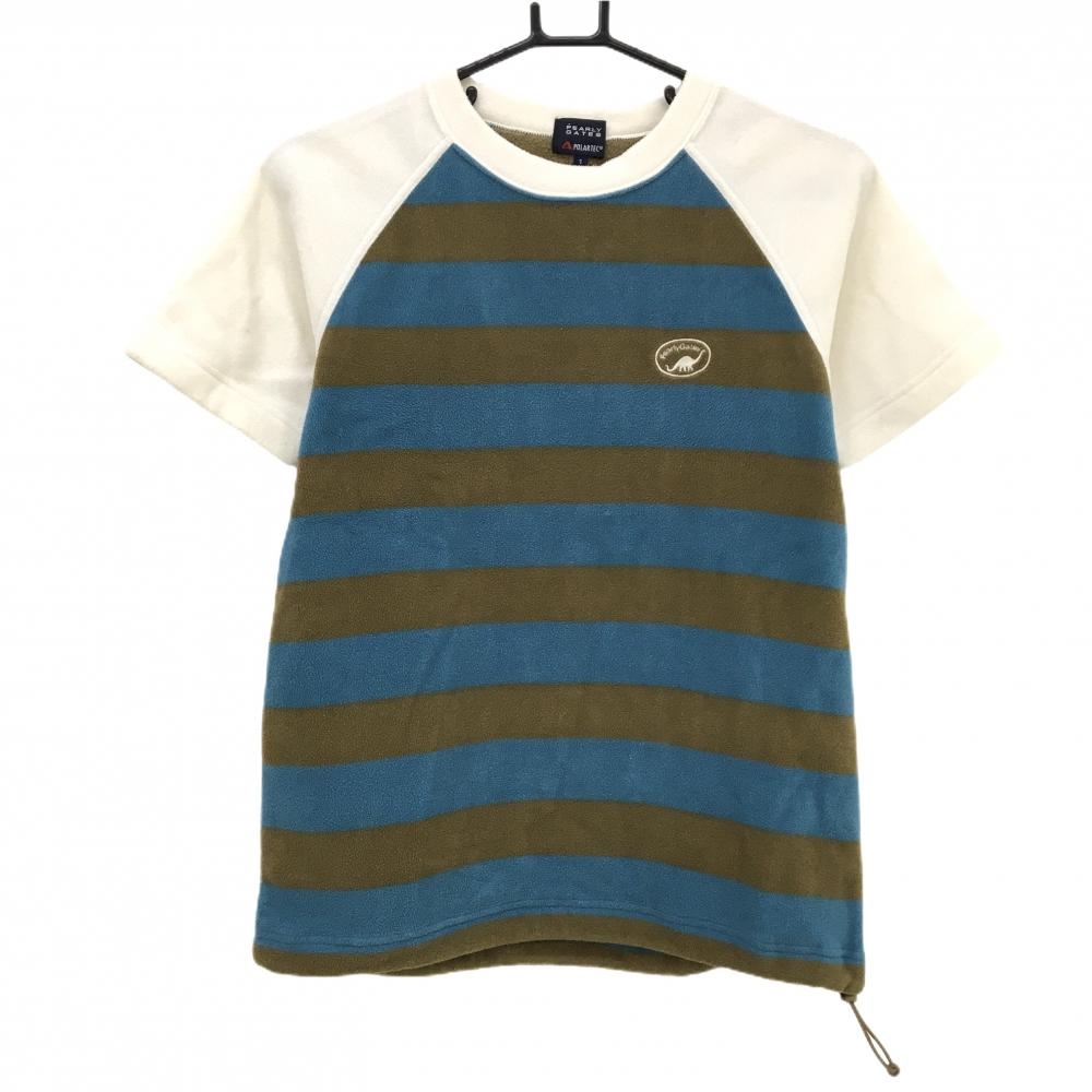 【美品】パーリーゲイツ フリースTシャツ 白×ターコイズブルー×ブラウン 身頃ボーダー  レディース 1(M) ゴルフウェア PEARLY GATES