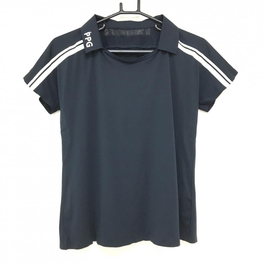 【美品】パーリーゲイツ 襟付Tシャツ ネイビー×白 肩ライン レディース 0(S) ゴルフウェア PEARLY GATES