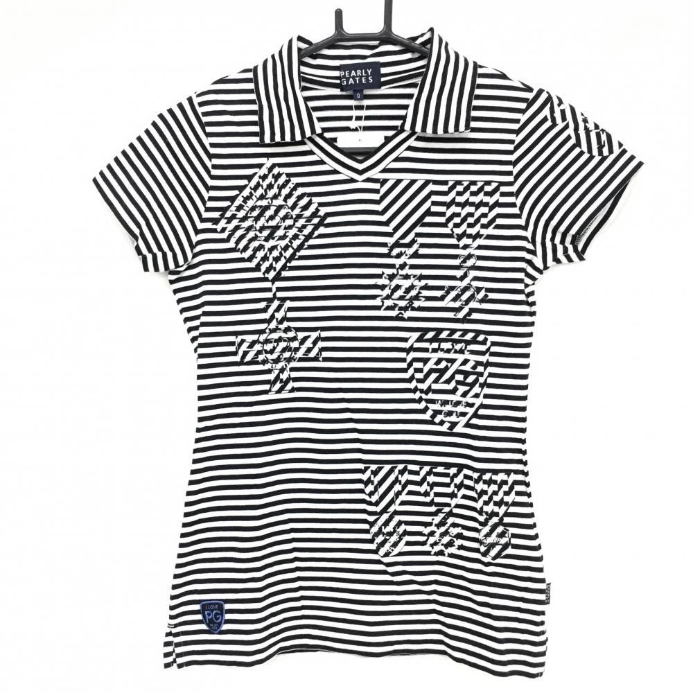 【新品】パーリーゲイツ 襟付Tシャツ 黒×白 ボーダー Vネック レディース 0(S) ゴルフウェア PEARLY GATES