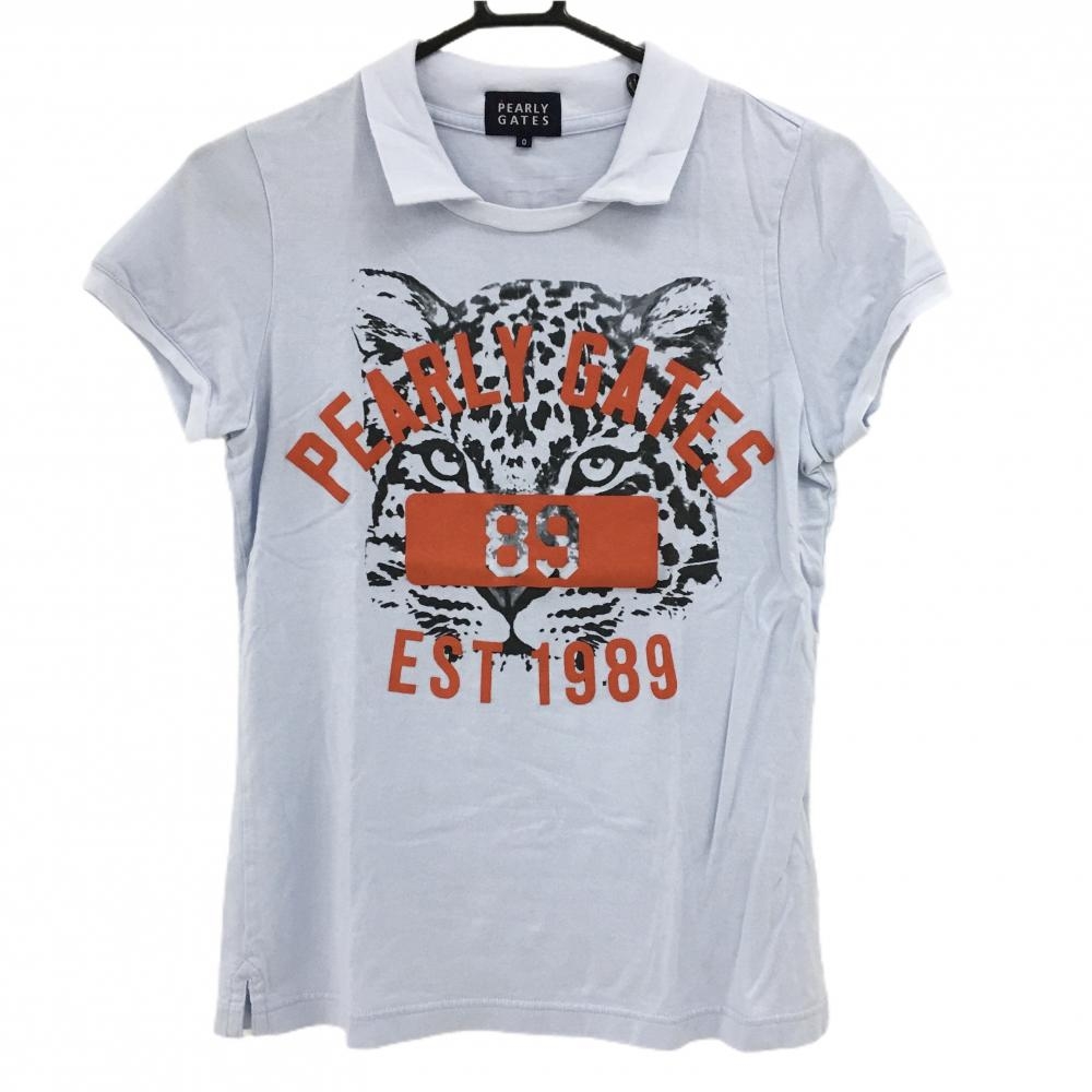 【美品】パーリーゲイツ 襟付きTシャツ スモーキーライトブルー ヒョウプリント レディース 0(S) ゴルフウェア PEARLY GATES
